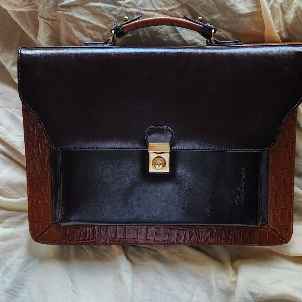 Bell Rose Leather Briefcase w/ Lock. New. Two-tone Black and Brown.